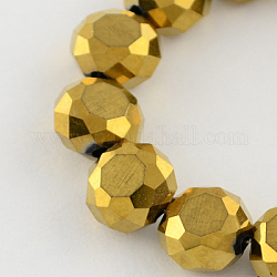 Electroplate Glass Bead Strands, Frosted Style, Faceted, Flat Round, Gold, 8x4~5mm, Hole: 1mm, about 72pcs/strand, 21.2inch