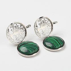 Synthetic Malachite Pendants, with Brass Diffuser Locket Findings, Flat Round with Tree, 31x26x8mm, Hole: 4mm