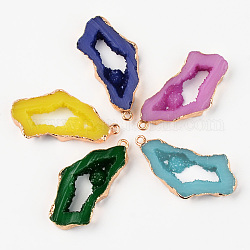 Druzy Resin Pendants, Imitation Geode Druzy Agate Slices, with Edge Light Gold Plated Iron Loops, Nuggets, Mixed Color, 40.5~41.5x19.5x5.5mm, Hole: 1.6mm
