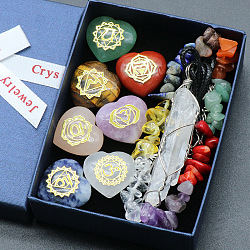 7 Chakras Heart-Shaped Healing Crystals Set, with Engraved Symbols Necklace Chakra Stones Bracelet, for Spiritual Meditation, 50~65x12~18mm
