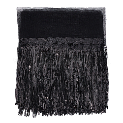 Ruban de dentelle en maille de polyester de 10 mètre avec pompon paillette en pvc scintillant, rubans de franges, Accessoires de vêtement, noir, 11-3/4 pouce (300 mm)