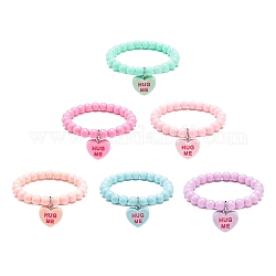 6Pcs 6 Color Candy Color Acrylic Round Beaded Stretch Bracelets Set, Heart with Word Hug Me Resin Charms Stackable Bracelets for Kids, Mixed Color, Inner Diameter: 1-3/4 inch(4.45cm), 1Pc/color