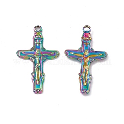 Placage ionique (ip) 304 pendentifs en acier inoxydable, breloque croix crucifix, couleur arc en ciel, 37x20x2mm, Trou: 2.8mm