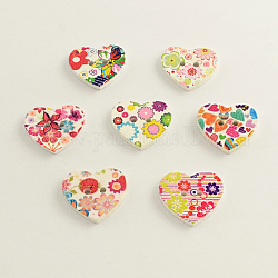 2-Hoyo botones de madera impresos, corazón con la flor, color mezclado, 22x25x3~4mm, agujero: 3 mm