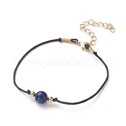 Bracelets en perles de lapis-lazuli naturel (teint), avec des cordons de coton ciré, perles rondes en laiton et fermoirs à pince de homard, or, 7-5/8~7-7/8 pouce (19.5~20 cm)