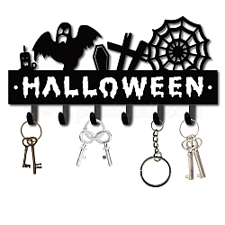 Crochets muraux en fer, support organisateur décoratif avec 6 crochets, pour sac vêtements porte-clé foulard suspendu, thème de l'Halloween, toile d'araignée et fantôme, gunmetal, 14x27 cm