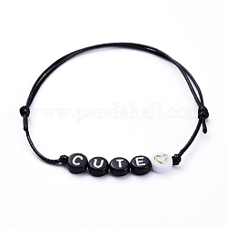 Bracelets en perles de polyester ciré ajustables, avec des perles acryliques rondes plates, mot mignon, noir, diamètre intérieur: 2-1/8 pouce ~ 3-7/8 pouces (5.5~10 cm)