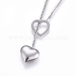 304 Stainless Steel Lariat Necklaces, with Lobster Claw Clasps, Heart, Stainless Steel Color, 17.3 inch(44cm), 1.5mm
