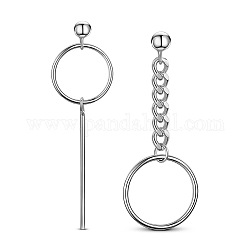 Shegrace elegantes aretes de plata de ley chapados en rodio 925, pendientes asimétricos, con anillos, barra y la cadena, Platino, 40mm