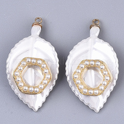ABS Plastic Pendants, with ABS Plastic Imitation Pearl, Light Gold Plated Alloy Finding and Brass Loop, Leaf with Hexagon, White, 34.5x18.5x6mm, Hole: 1.6mm