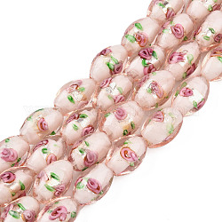 Argent à la main feuille perles de verre au chalumeau, ovale avec des fleurs, rose, 16~17x9~11mm, Trou: 1.5~2mm