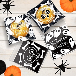 Halloween Theme Plastic Bakeware Bag, with Self-adhesive, for Chocolate, Candy, Cookies, Square with Skull & Ghost, Black, 130x100x0.05mm, Inner Diameter: 100x100mm, 2 styles, 50pcs/style, 100pcs/bag