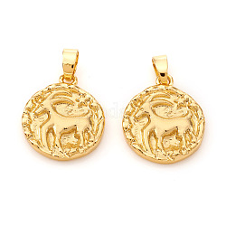 Brass Pendants, Textured, Flat Round with Constellation/Zodiac Sign, Real 18K Gold Plated, Capricorn, 16.5x14x2mm, Hole: 5x2.5mm