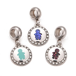 304 Stainless Steel Crystal Rhinestone European Dangle Charms, Large Hole Pendants, with Enamel and Fluorescence Slice, Stainless Steel Color, Flat Round with Boy, Mixed Color, 24mm, Hole: 4.5mm