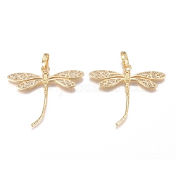 Brass Micro Pave Cubic Zirconia Pendants, Long-Lasting Plated, Dragonfly, Clear, Golden, 39x45x2mm, Hole: 8.5x6mm