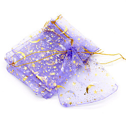 Sacs-cadeaux rectangulaires en organza avec cordon de serrage, estampage à chaud, sacs de rangement avec imprimé lune et étoiles, lilas, 9x7 cm
