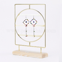 Rotating Iron 3-Tier Earring Display Stand, for Hanging Dangle Earring, with Wooden Pedestal, Golden, 25.2x34.2x7.3cm