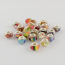 Large Hole Resin European Beads, with Silver Color Plated Brass Double Cores, Rondelle, Mixed Color, 14x9mm, Hole: 5mm
