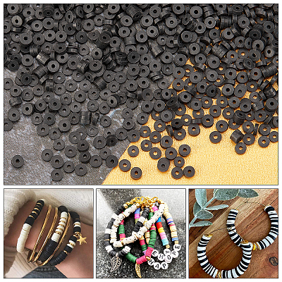 PANDAHALL ELITE Eco-Friendly Handmade Polymer Clay Beads, Disc/Flat Round,  Heishi Beads, Black, 3x1mm, Hole: 1mm, about 380~400pcs/strand, 17.7 inch