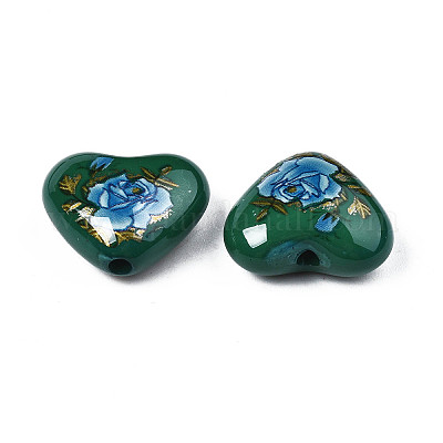Perles cardiaques acryliques opaques de fleurs imprimés&nbsp;SACR-S305-28-N02-1