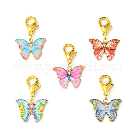 Decoraciones colgantes de mariposa esmaltadas de aleación en tono dorado claro HJEW-JM01543-1