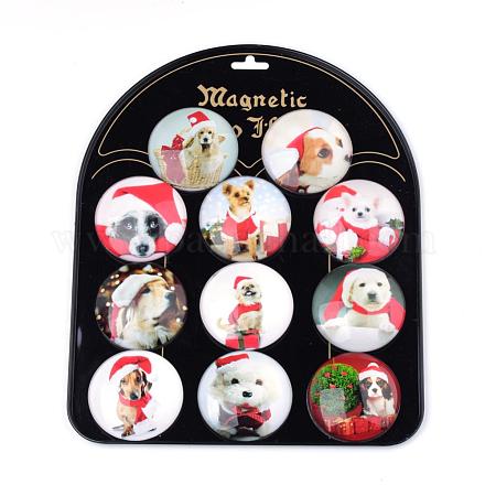 クリスマステーマ冷蔵庫マグネットガラス子犬装飾  犬の模様とフラットラウンド  ミックスカラー  45x13mm GGLA-Q051-45mm-052-1