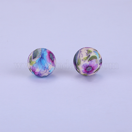 Printed Round with Flower Pattern Silicone Focal Beads SI-JX0056A-168-1