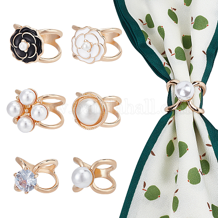 Globleland 6Pcs 6 Style Crystal Rhinestone Flower Scarf Buckle Ring with ABS Imitation Pearl JEWB-GL0001-01-1