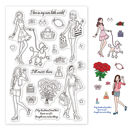 GLOBLELAND Fashion Girls Clear Stamps Rose Dog Perfume Silicone Clear Stamp Seals for Cards Making DIY Scrapbooking Photo Journal Album Decor Craft DIY-WH0167-56-566-1