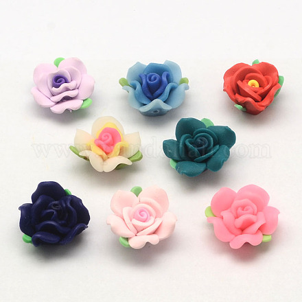 Handmade Polymer Clay 3D Flower with Leaf Beads CLAY-Q202-20mm-M-1