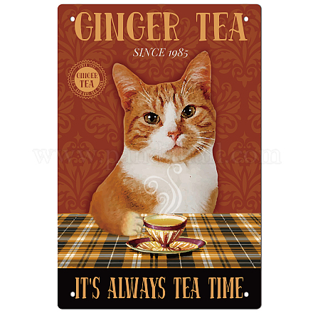 Globleland Vintage Ginger Tea Cat Metall-Eisenschild AJEW-WH0189-031-1