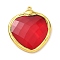 Brass Glass Pendants, Heart Charm, Faceted, Cadmium Free & Lead Free, Rack Plating, Long-Lasting Plated, Real 18K Gold Plated, Red, 31.5x27x5.5mm, Hole: 1.6mm