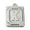 Anti-Tarnish 304 Stainless Steel Pendants, Rectangle with Letter Charm, Letter K, 24.5x18x3mm, Hole: 1.8mm