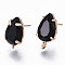 Brass Stud Earring Findings, with Opaque Glass and Loop, Long-Lasting Plated, Teardrop, Light Gold, Black, 14x8.5mm, Hole: 1.2mm, Pin: 0.7mm