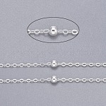 Flache ovale Kabelketten aus Messing, Satellitenketten, mit runden Perlen, ungeschweißte, mit Spule, cadmiumfrei und bleifrei, Silber, 2.2x1.7x0.23 mm, Perle: 3.5 mm, ca. 92 m / Rolle
