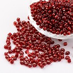 Une rond d'argent perles de graine de verre doublé trou rond, rouge foncé, 6/0mm, Trou: 4mm, environ 1.5 pcs/496 g