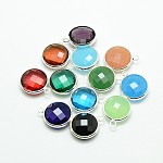 Silver Color Plated Brass Glass Pendants, Flat Round, Mixed Color, 12x9x5mm, Hole: 2mm