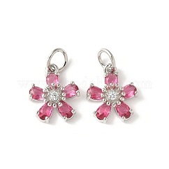 Colgante micropavé cubic zirconia de latón, charms de la flor, chapado en rack, chapado duradero, sin plomo y cadmio, con anillo de salto, rojo violeta pálido, 14.5x12.5x4.5mm, agujero: 4.5 mm