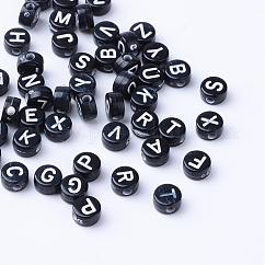 Cuentas de letras de agujero horizontal de acrílico artesanal, plano y redondo, blanco, mixto, 6~7x3.5~4mm, agujero: 2 mm, aproximamente 3600 unidades / 500 g