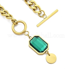 Placcatura ionica (ip) 304 acciaio inossidabile e ciondolo rettangolare in vetro turchese medio collane a catena cubana per le donne&nbsp;NJEW-U016-03G