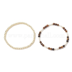 2 bracciale elastico con perle di occhio di tigre naturale&nbsp;BJEW-JB12938-03