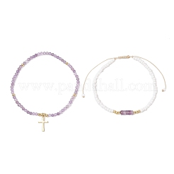 10 bracciale elastico con perline di semi di vetro e ametista naturale&nbsp;BJEW-JB12545