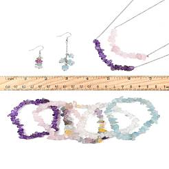 Natürliche Aquamarin & Amethyst & Quarzkristall & Rosenquarz & Fluorit Chips Perlen Armbänder & Ohrringe & Halsketten Sets&nbsp;SJEW-FS00008