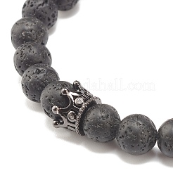 Bracelet extensible perlé rond en pierre de lave naturelle avec couronne de zircone cubique transparente&nbsp;BJEW-JB07797-03