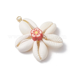 Natürliche Kauri-Muschel & handgefertigte Blumenanhänger aus Polymer-Ton&nbsp;PALLOY-JF03843