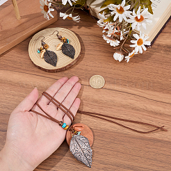 Conjuntos de collares y pendientes colgantes de estilo bohemio con hojas de aleación y madera&nbsp;SJEW-CL0001-03