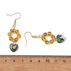 Herzförmige Hängeohrringe aus natürlichem Bernstein und Abalone-/Paua-Muschel&nbsp;EJEW-JE07358-02