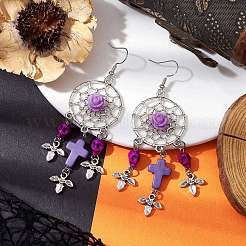 Toile/filet tissé avec boucles d'oreilles pendantes turquoise synthétiques croix et crâne&nbsp;EJEW-JE05865-02