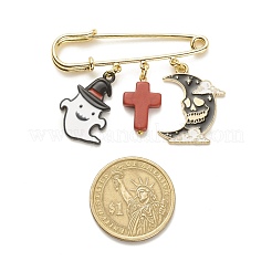 Halloween Ghost & Skull Moon Legierung Emaille Charm Sicherheitsnadel mit synthetischem türkisfarbenem Kreuz&nbsp;JEWB-BR00069-03