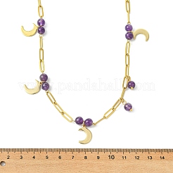 Collane da donna con ciondolo a luna in acciaio inossidabile 304 con catena a graffetta e perline di ametista naturale.&nbsp;NJEW-JN06251-01